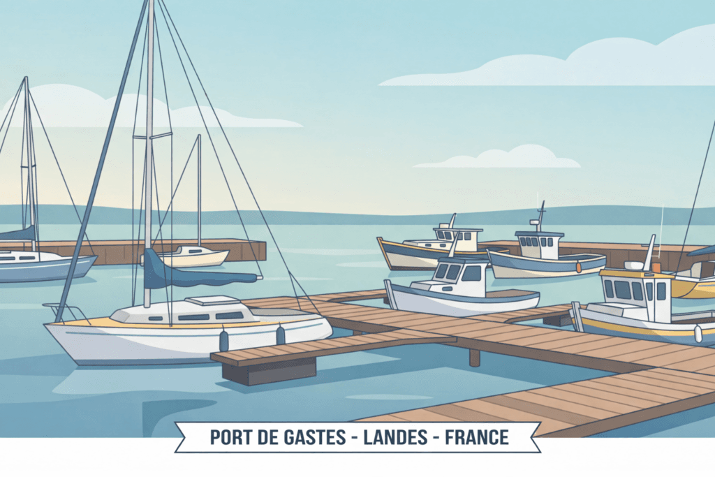Port de gastes dans les landes avec des bateaux amarrés