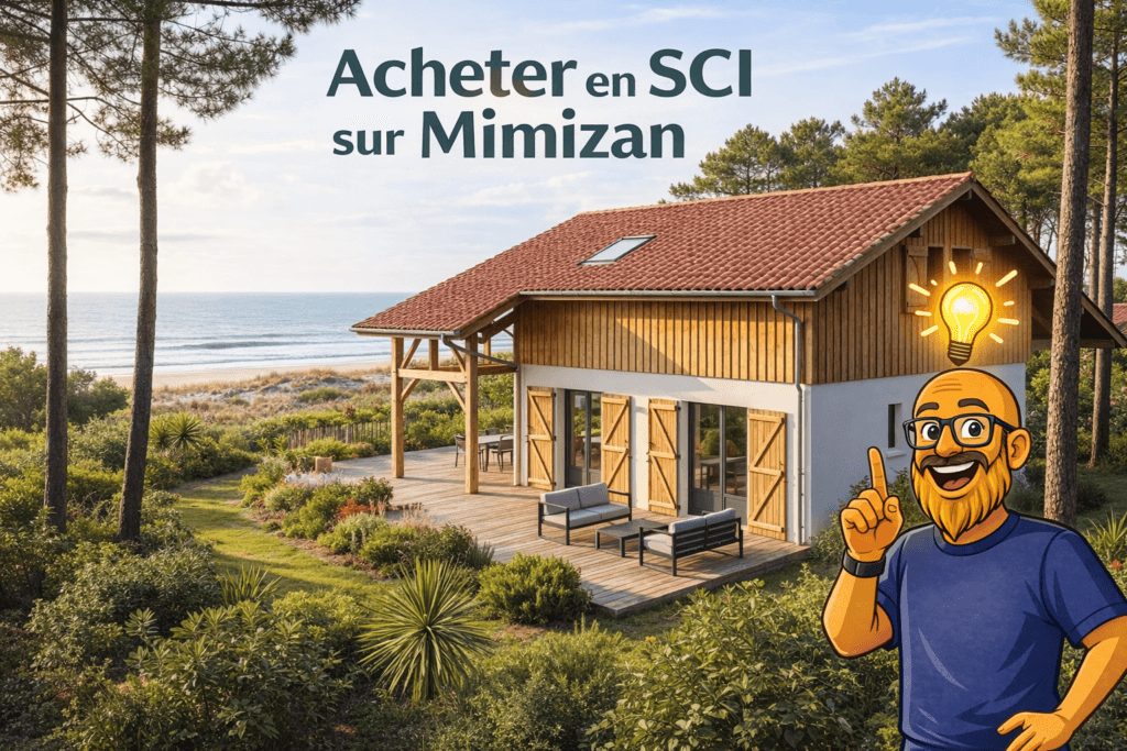 Illustration pour acheter en SCI familiale à Mimizan : villa landaise moderne à bardage bois et tuiles rouges avec terrasse en bois et jardin verdoyant, vue sur l'Océan Atlantique, entourée de pins, avec le personnage Olivier Roussel pointant une ampoule symbolisant la bonne idée