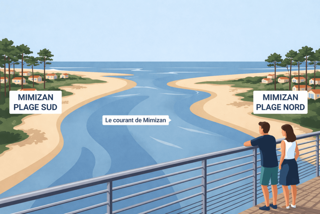 Illustration d'un couple observant depuis une passerelle le Courant de Mimizan séparant Mimizan Plage Sud à gauche et Mimizan Plage Nord à droite, avec la rivière rejoignant l'Océan Atlantique et la forêt de pins landais
