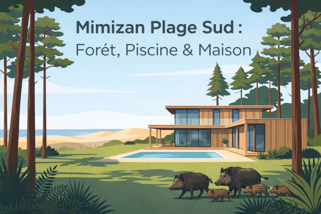 Illustration de Mimizan Plage Sud montrant une villa contemporaine en bois avec piscine entourée de pins landais, avec les dunes et l'Océan Atlantique en arrière-plan et une famille de sangliers au premier plan