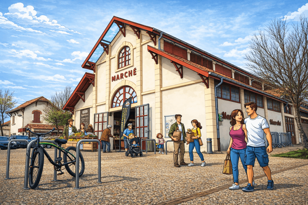 Illustration du marché local de Mimizan Plage animé par des familles faisant leurs courses, avec un bâtiment de style landais à charpente bois et tuiles rouges, des étals de fruits et légumes et des vélos garés