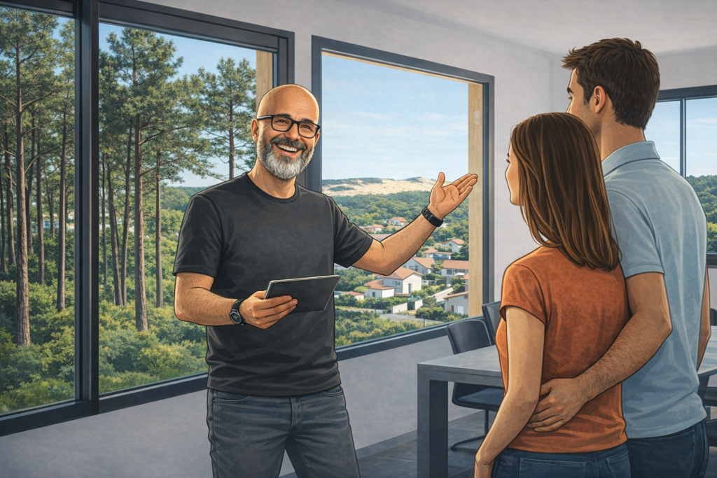Olivier Roussel, conseiller immobilier à Mimizan, présentant un bien immobilier à un jeune couple dans une maison moderne avec vue sur la forêt landaise