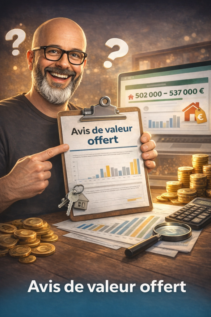 Olivier Roussel tenant un clipboard avec la mention « Avis de valeur offert » et un écran affichant une fourchette d'estimation entre 502 000 et 537 000 euros