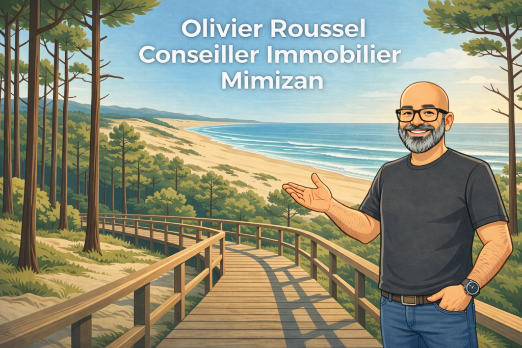Illustration d'Olivier Roussel, conseiller immobilier IAD, sur une passerelle en bois dominant la plage de Mimizan et la forêt landaise de pins