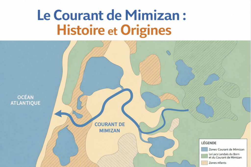 Carte géographique illustrée du Courant de Mimizan montrant son tracé depuis les lacs landais du Born jusqu'à l'Océan Atlantique, avec une légende indiquant les zones du courant, les lacs landais et les zones nifants