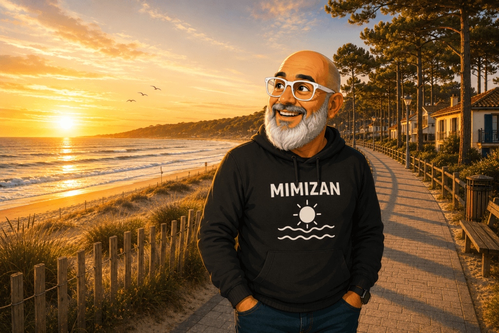 Olivier Roussel, conseiller immobilier, en sweat Mimizan sur le front de mer de Mimizan-Plage au coucher du soleil, océan Atlantique et forêt landaise