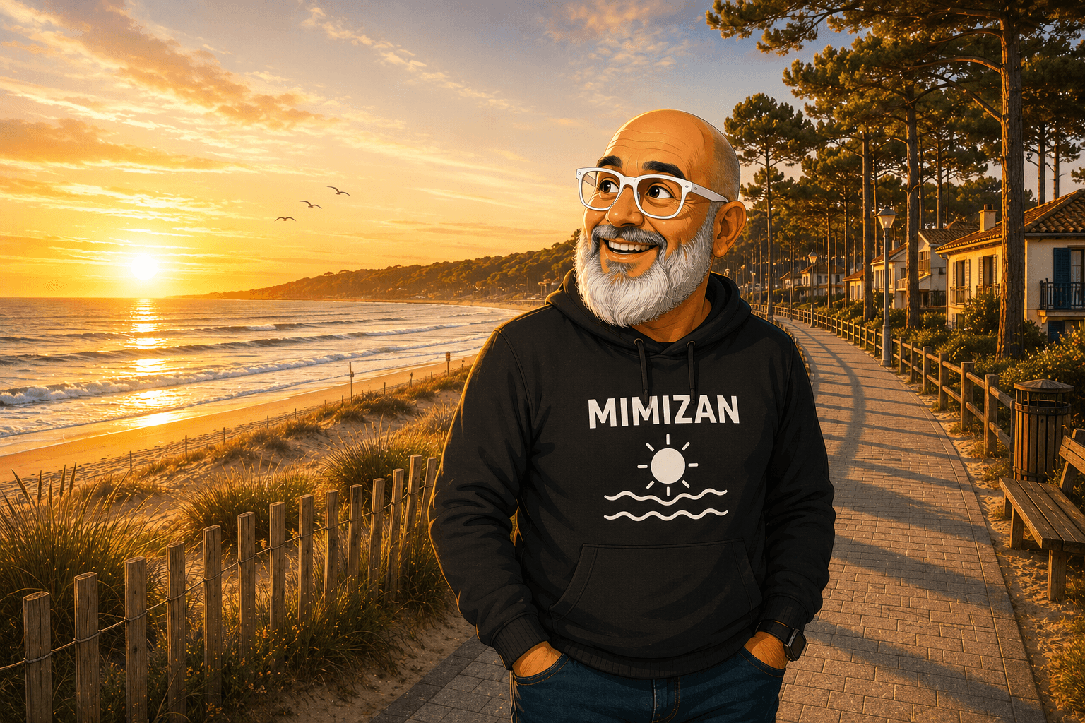Olivier Roussel, conseiller immobilier, en sweat Mimizan sur le front de mer de Mimizan-Plage au coucher du soleil, océan Atlantique et forêt landaise
