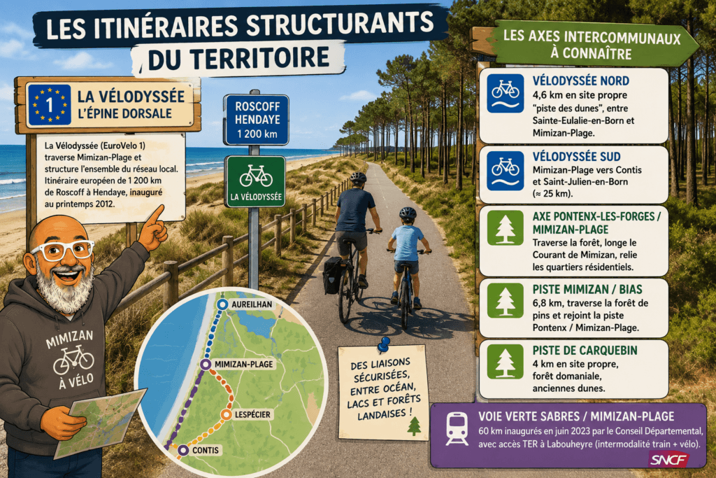 Carte itinéraires cyclables Mimizan 2024 — voie verte Sabres-Mimizan-Plage 60 km et Vélodyssee EuroVelo 1