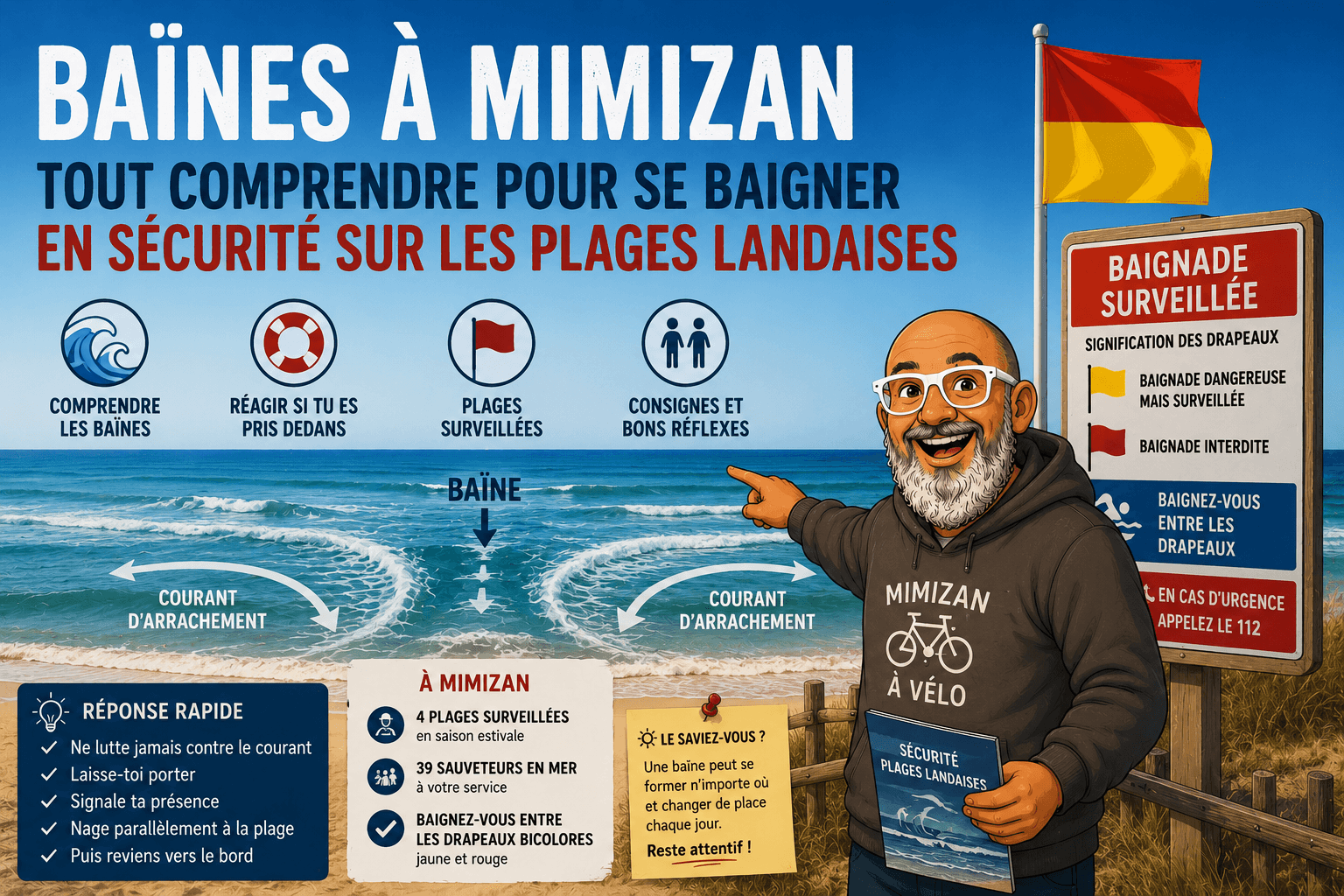 Baïne formée sur une plage de Mimizan, côte landaise