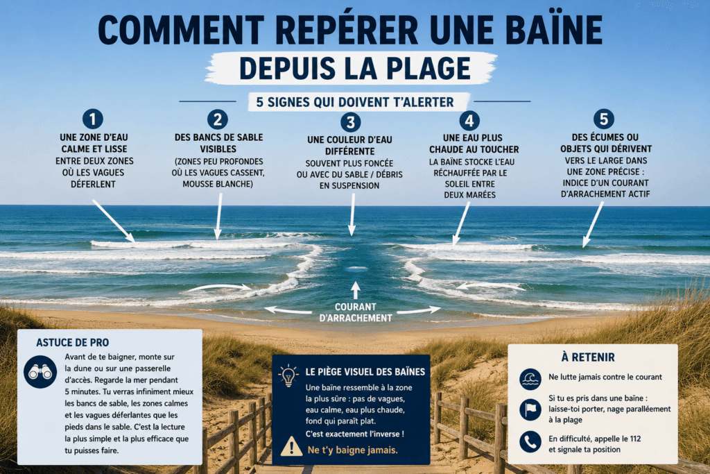 Zone d'eau plus calme caractéristique d'une baïne entre deux bancs de sable à Mimizan