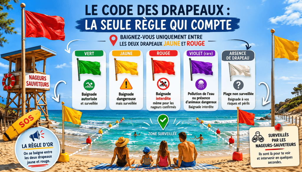 Drapeaux de baignade jaune et rouge sur la plage surveillée de Mimizan