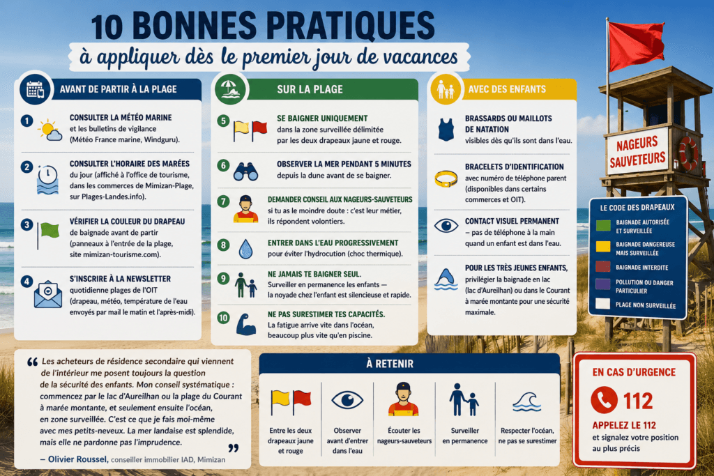 Famille se baignant en sécurité entre les drapeaux sur une plage surveillée de Mimizan