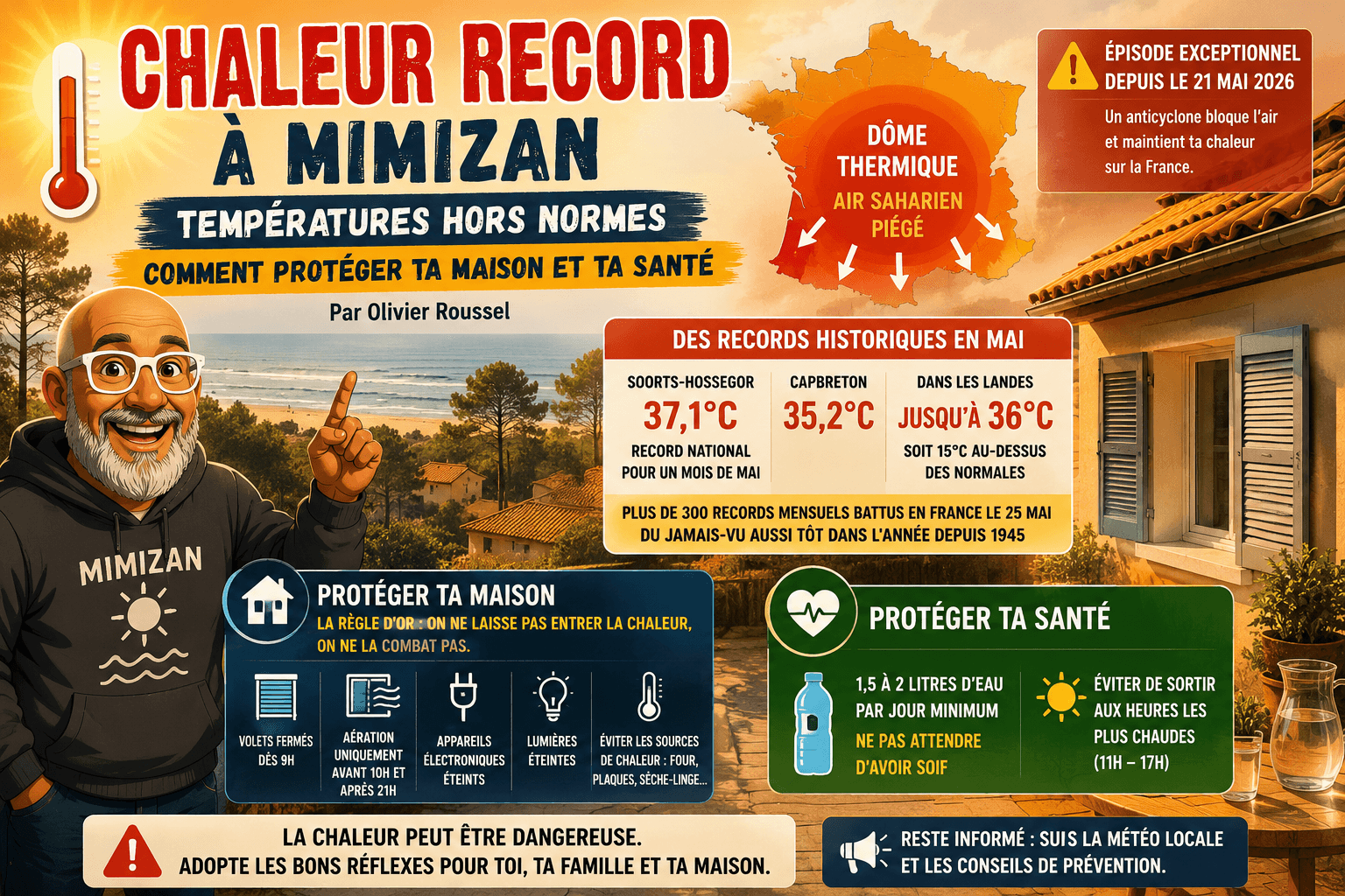 Infographie chaleur record à Mimizan en mai 2026 : dôme thermique, records des Landes et conseils protection maison et santé par Olivier Roussel