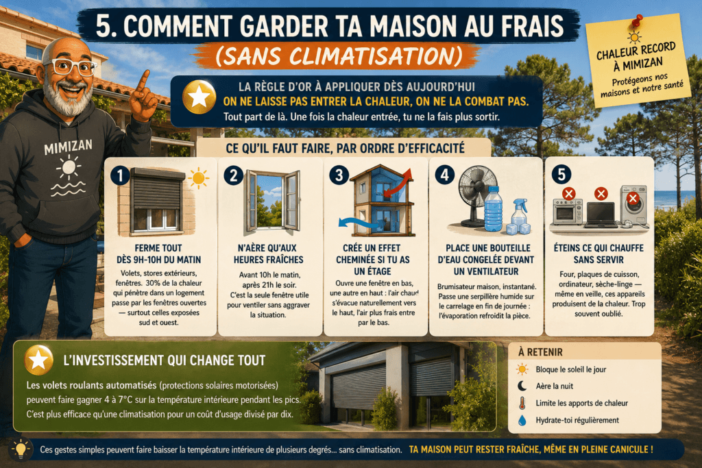 Infographie 5 conseils pour garder ta maison fraîche sans climatisation à Mimizan : volets, aération, effet cheminée et bonnes pratiques canicule