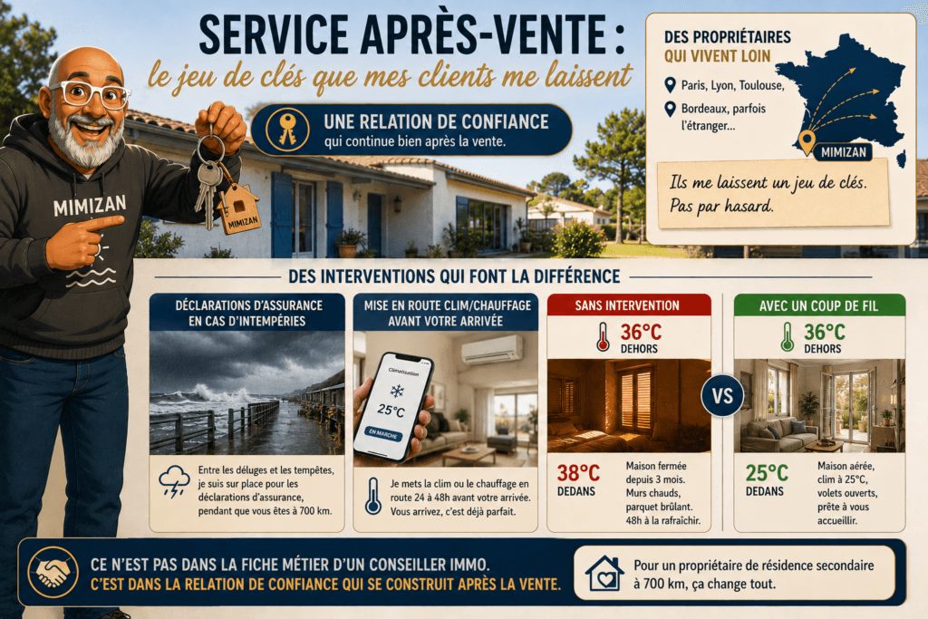 Infographie service après-vente d'un conseiller immobilier à Mimizan : jeu de clés, intervention météo et mise en route climatisation pour résidences secondaires