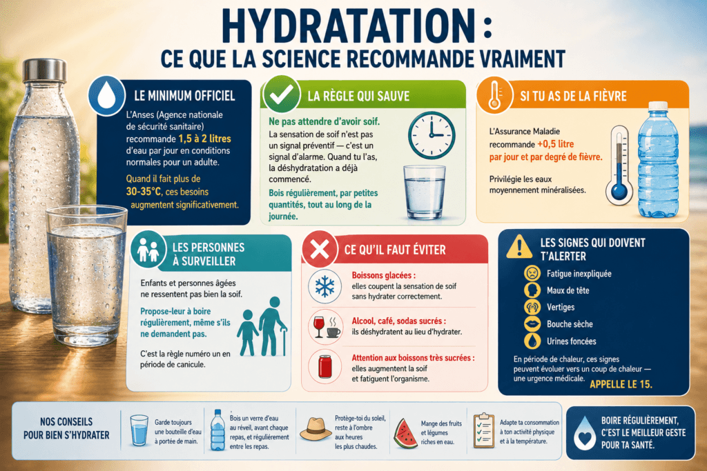 Infographie d'hydratation pendant la canicule à Mimizan : recommandations Anses, signes d'alerte et bons réflexes