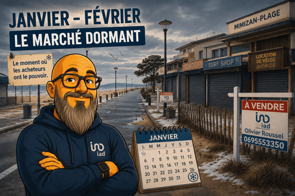 Illustration du marché immobilier dormant à Mimizan-Plage en janvier-février — Olivier Roussel conseiller IAD devant la promenade déserte, commerces fermés, panneau À Vendre IAD, calendrier janvier. Le moment où les acheteurs ont le pouvoir de négocier