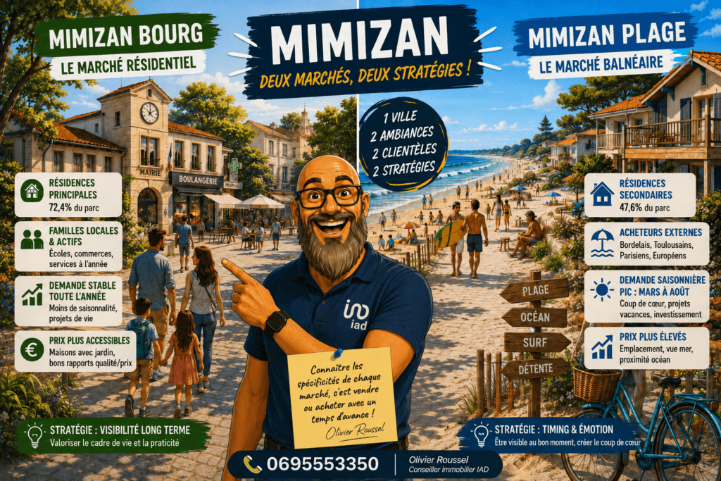 Infographie comparative Mimizan Bourg versus Mimizan Plage — marché résidentiel 72,4% résidences principales vs marché balnéaire 47,6% résidences secondaires, deux stratégies immobilières, données 2026 par Olivier Roussel conseiller IAD France