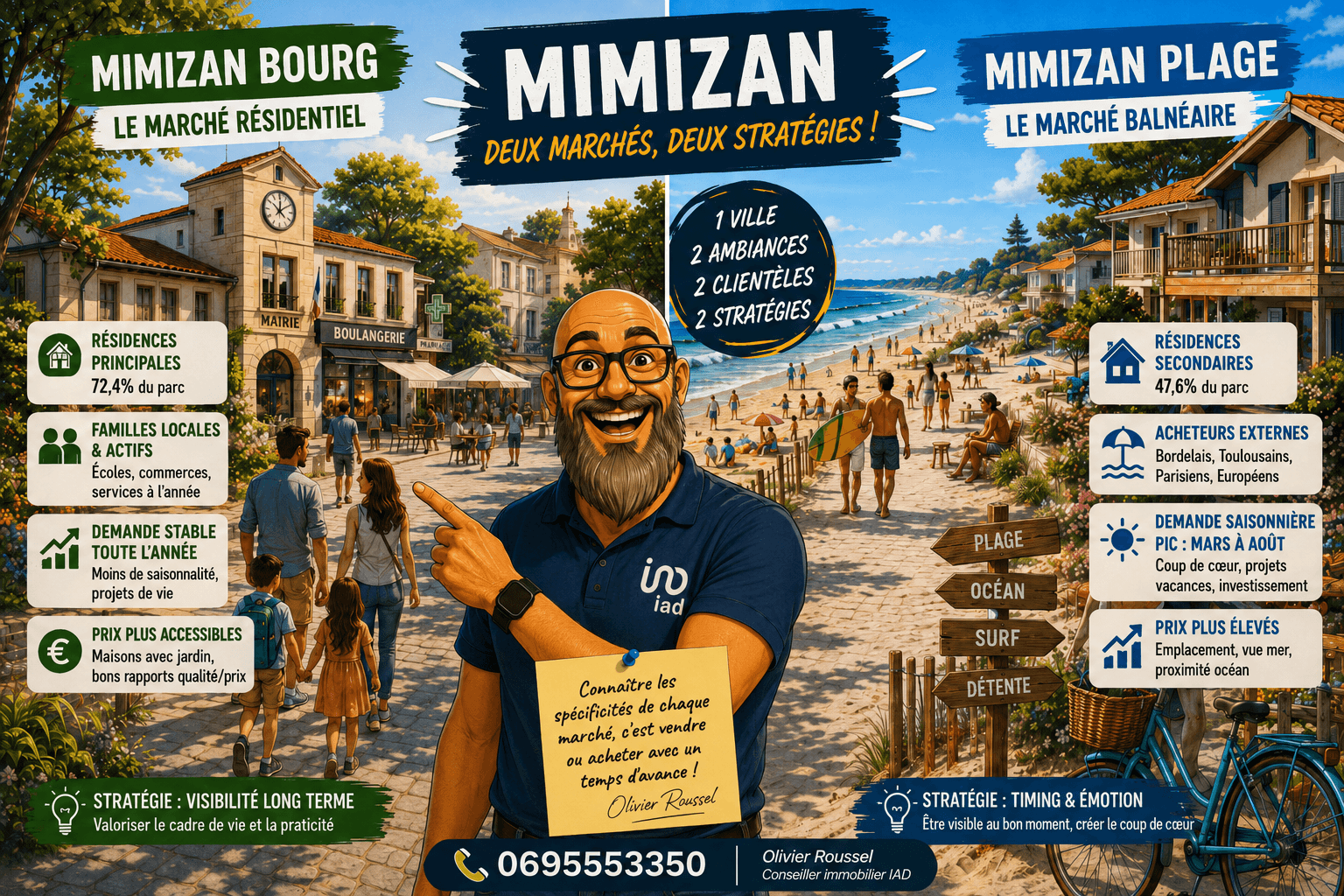 Infographie comparative Mimizan Bourg (marché résidentiel) versus Mimizan Plage (marché balnéaire) — Mimizan (Landes, 40200) — Olivier Roussel, conseiller immobilier IAD France
