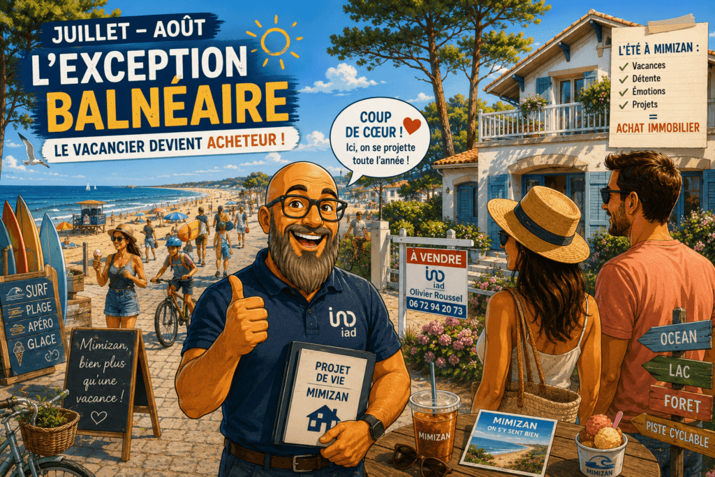 Illustration de l'exception balnéaire à Mimizan en juillet-août — Olivier Roussel conseiller IAD au milieu d'une plage animée, vacanciers, surfeurs, panneau À Vendre IAD, Le vacancier devient acheteur. L'été crée des projets immobiliers à Mimizan