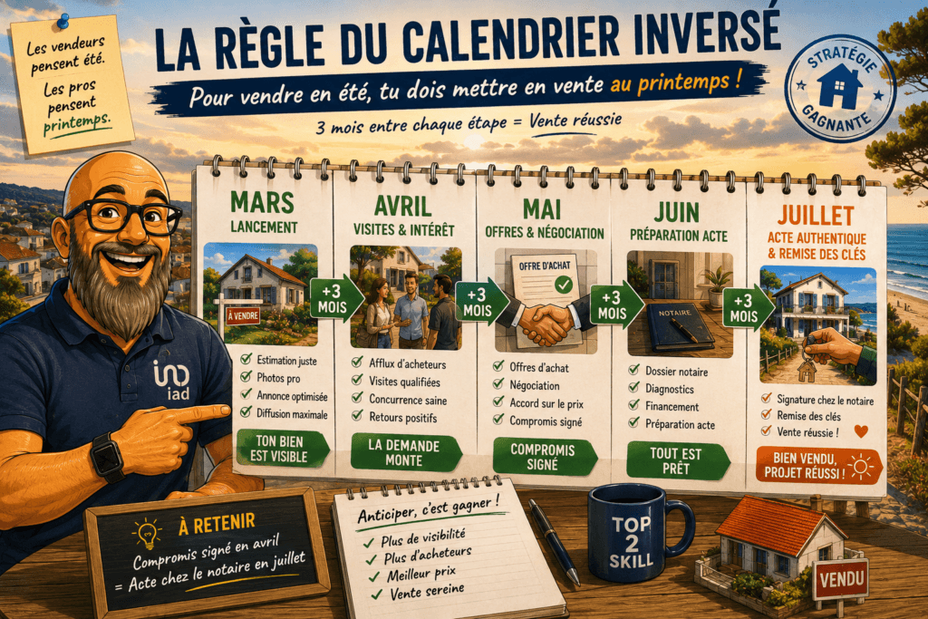 Infographie La règle du calendrier inversé à Mimizan — conseiller IAD Olivier Roussel présente le timing optimal : lancer la vente en mars pour signer l'acte authentique en juillet, avec les étapes clés lancement, visites, négociation, préparation acte, remise des clés