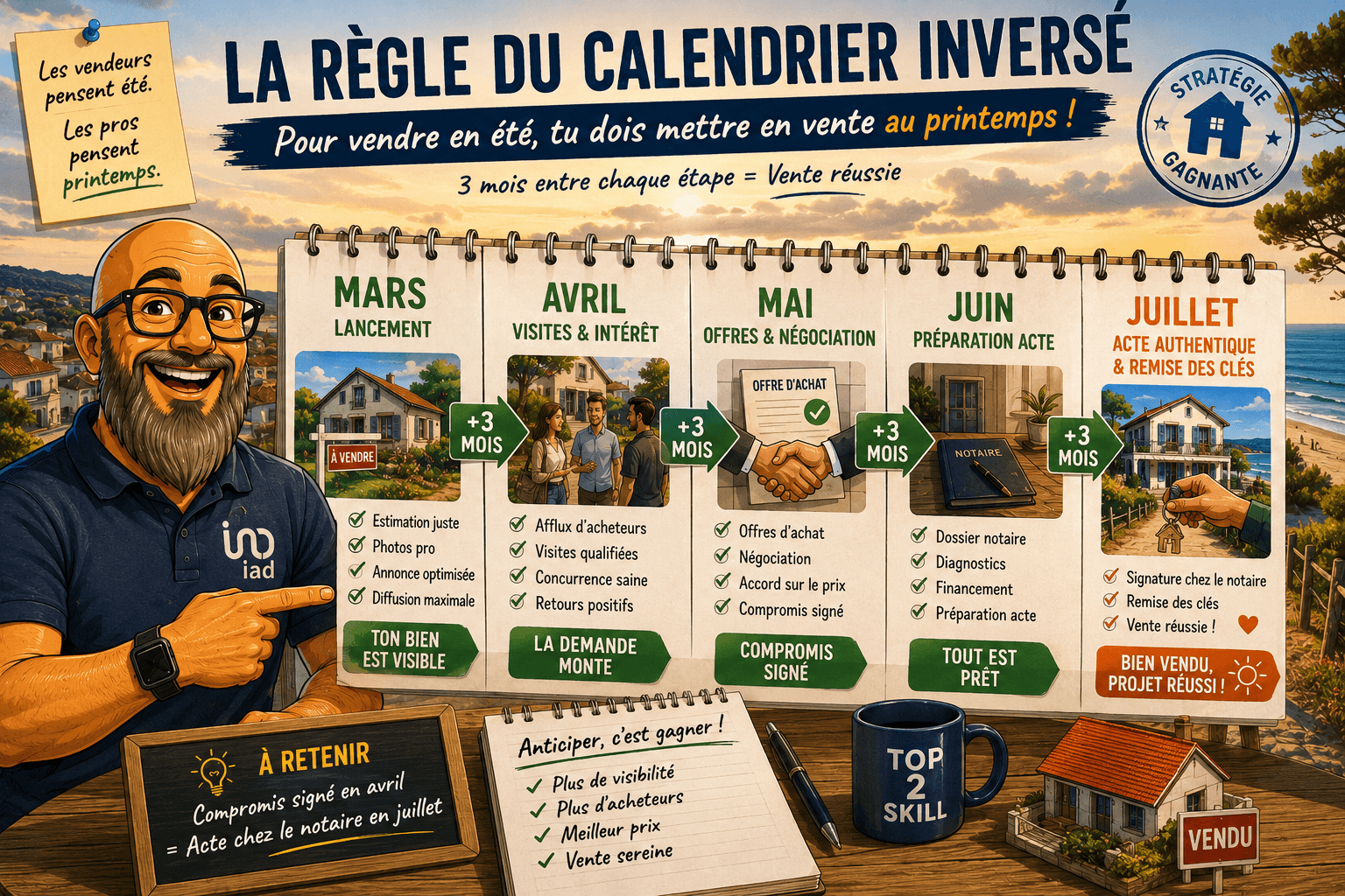 Infographie La règle du calendrier inversé à Mimizan — conseiller IAD Olivier Roussel présente le timing optimal : lancer la vente en mars pour signer l'acte authentique en juillet, avec les étapes clés lancement, visites, négociation, préparation acte, remise des clés