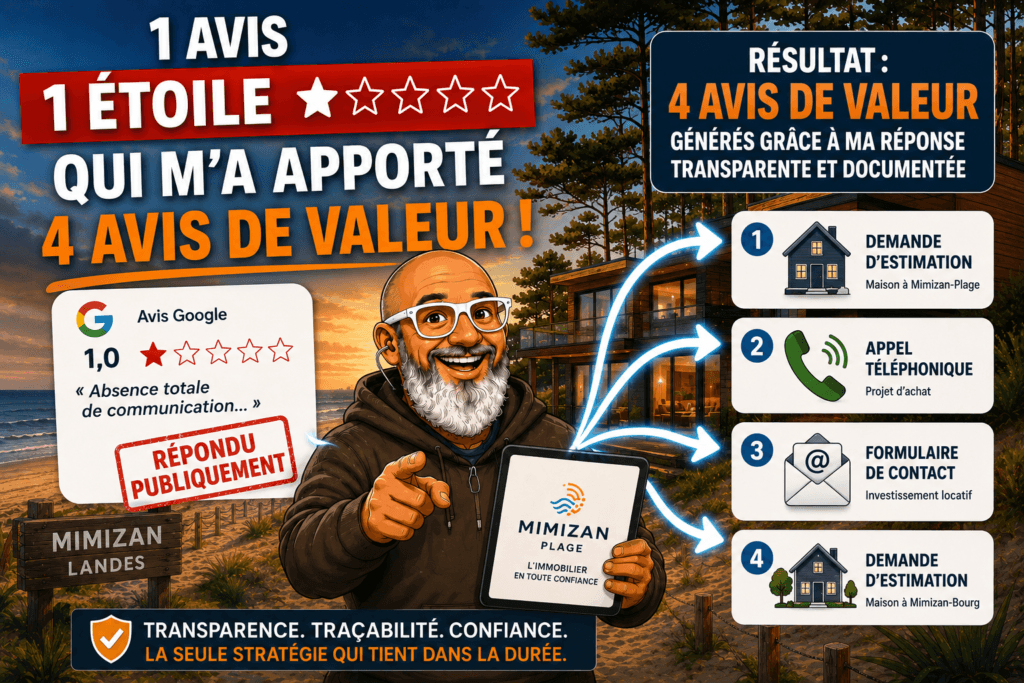 Avis une étoile — chantage à l'avis client dans l'immobilier à Mimizan, Olivier Roussel conseiller IAD