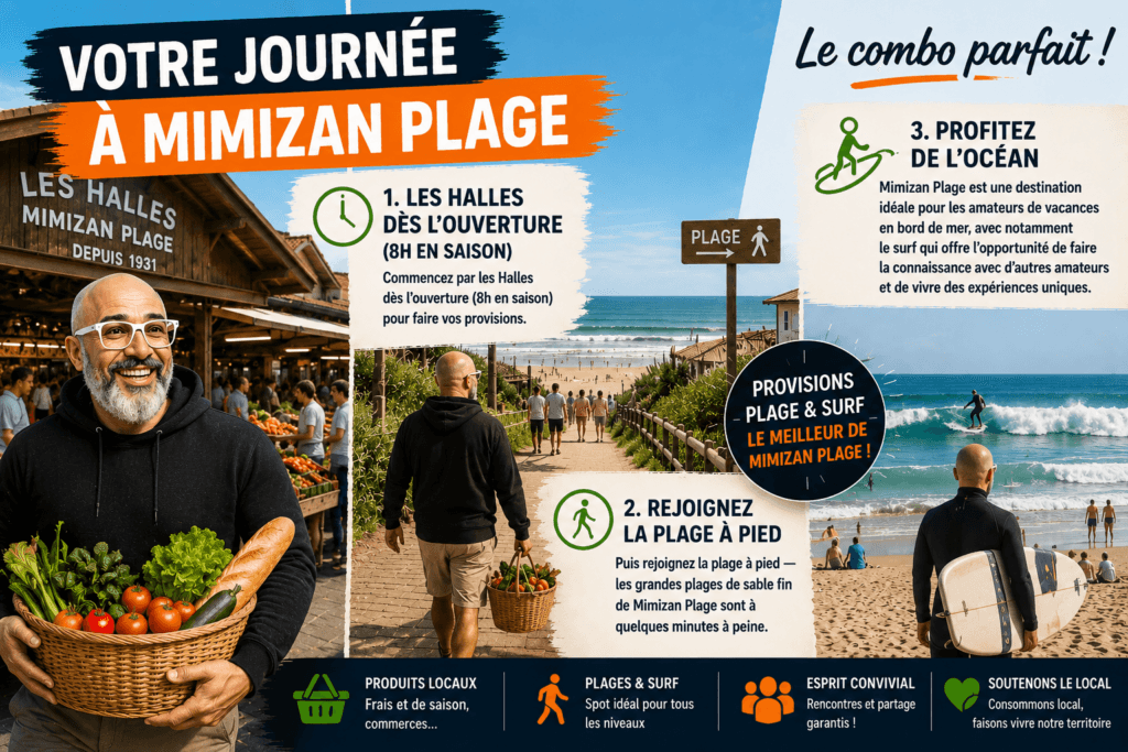 Étal de produits frais aux Halles de Mimizan Plage — fruits, légumes et spécialités des producteurs des Landes