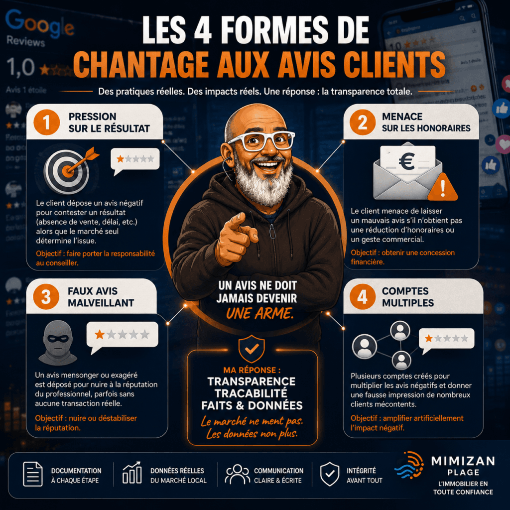 Infographie des 4 mécanismes du chantage à l'avis client dans l'immobilier à Mimizan — Landes