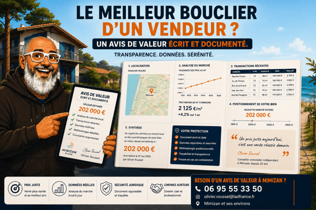 Avis de valeur documenté et écrit remis par Olivier Roussel, protection du vendeur immobilier à Mimizan (40200)