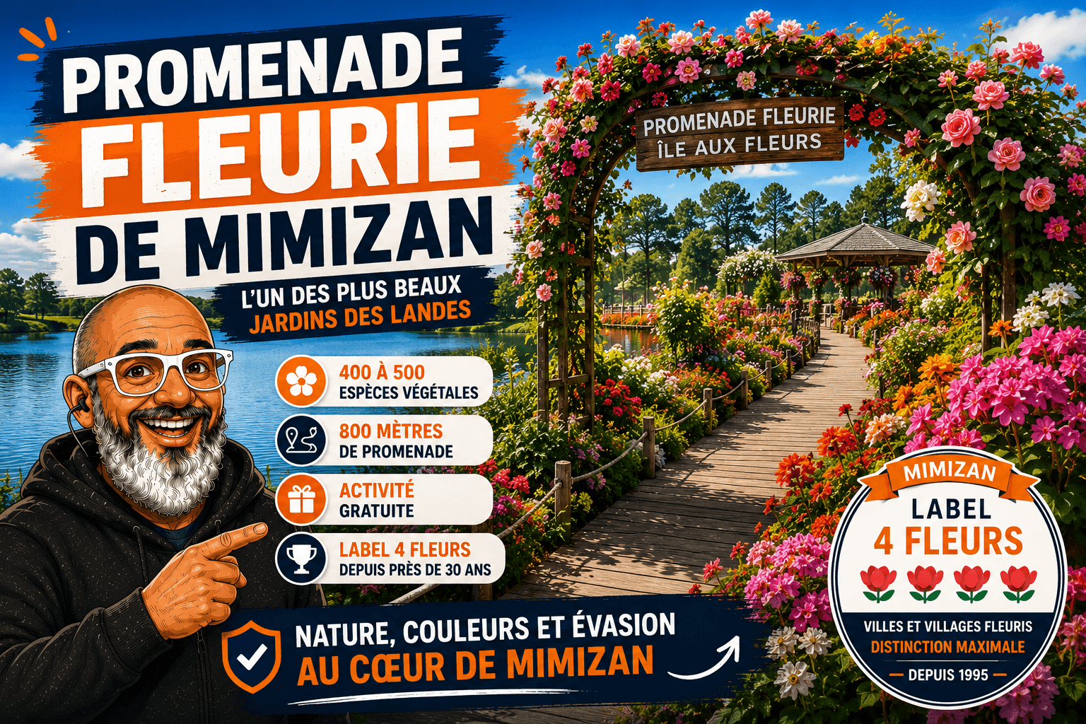 Promenade Fleurie de Mimizan (Île aux Fleurs) — sentier botanique au bord du lac d'Aureilhan, 400 espèces florales