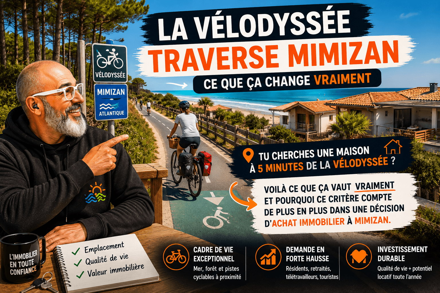 Infographie La Vélodyssée traverse Mimizan — piste cyclable en bord de mer, maisons landaises et impact sur l'immobilier 2026 — Olivier Roussel, conseiller immobilier IAD France à Mimizan (Landes, 40)
