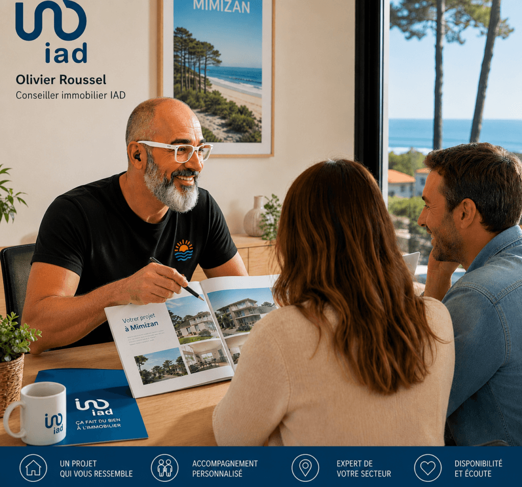 Conseiller immobilier présentant les impacts du régime matrimonial sur l'achat immobilier avec maison miniature et balance de justice — Olivier Roussel, conseiller immobilier IAD France à Mimizan (Landes, 40)