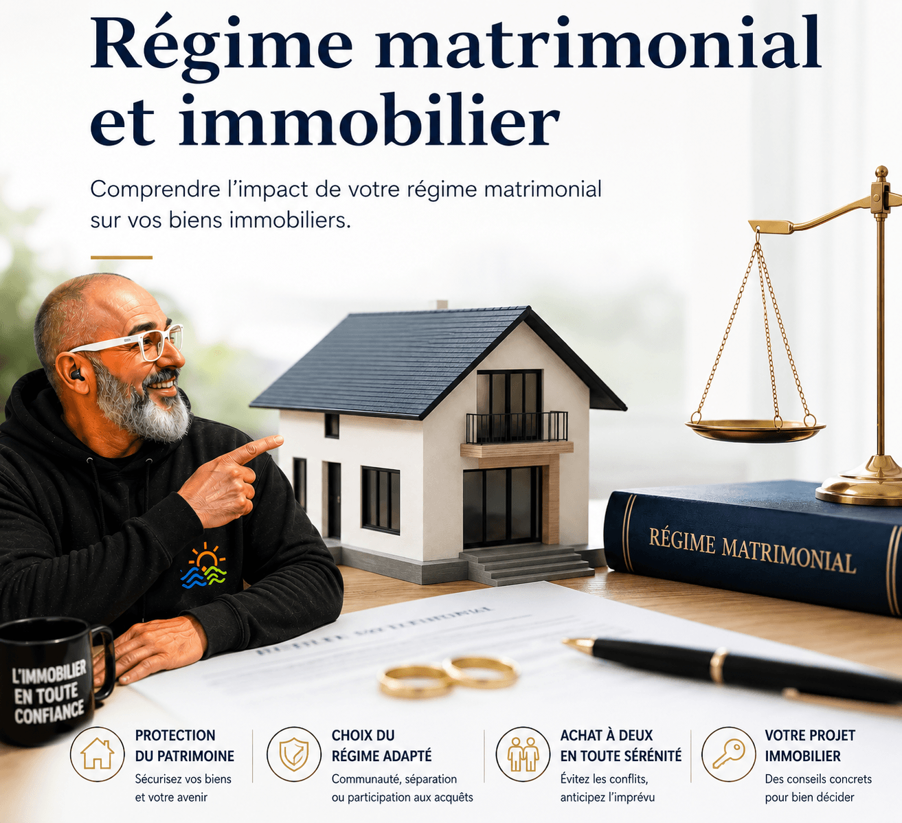 Couple marié préparant leur achat immobilier à Mimizan avec contrat de mariage et régime matrimonial — Olivier Roussel, conseiller immobilier IAD France à Mimizan (Landes, 40)