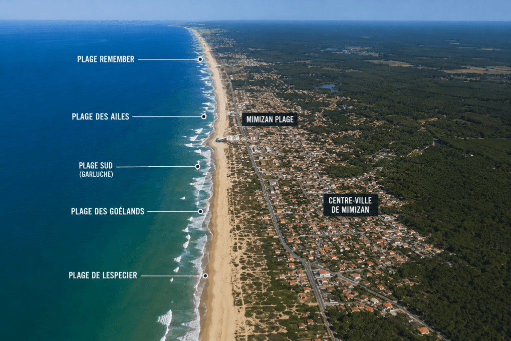 Vue aérienne de Mimizan-Plage avec les 5 plages étiquetées : Remember, des Ailes, Sud-Garluche, des Goélands, de Lespecier — Olivier Roussel, conseiller immobilier IAD France à Mimizan (Landes, 40)