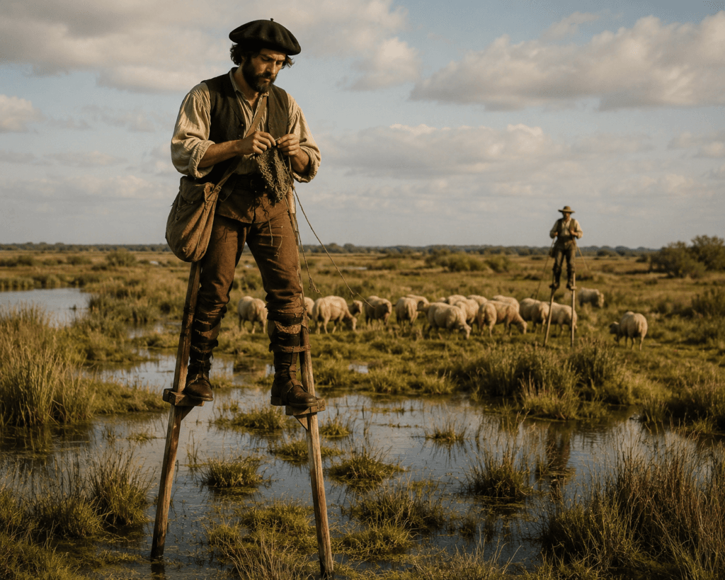 Berger landais sur échasses dans les marais du Pays de Born — tradition des tchanques avant le reboisement de 1857 — Mimizan, Landes (40) — Olivier Roussel, conseiller immobilier IAD France