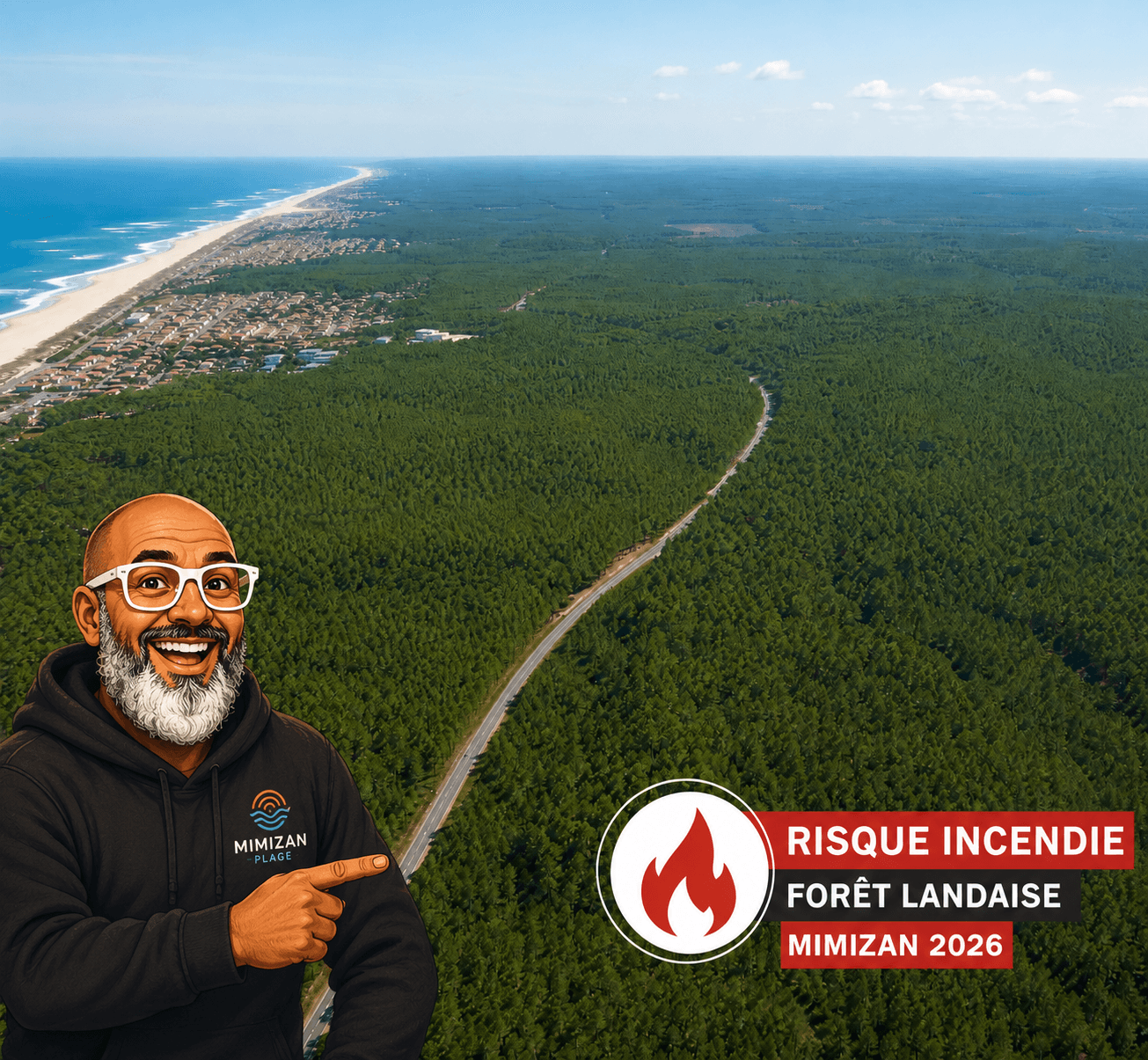Vue aérienne de Mimizan (Landes) montrant la forêt de pins maritimes et la plage atlantique - risque incendie immobilier dans les Landes
