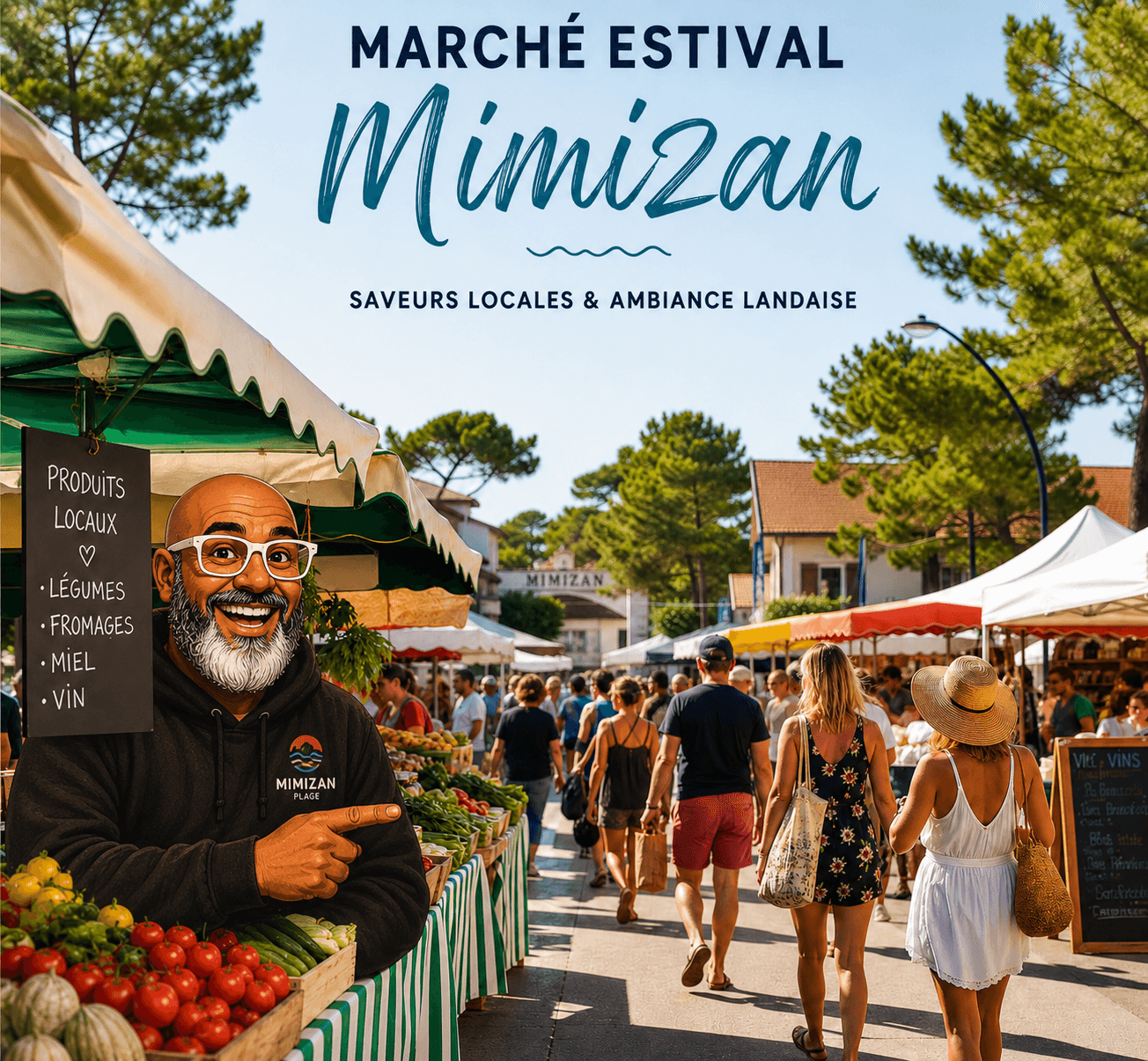 Marché de Mimizan en été : étals de producteurs locaux avec légumes, canard landais et spécialités des Landes (40200)