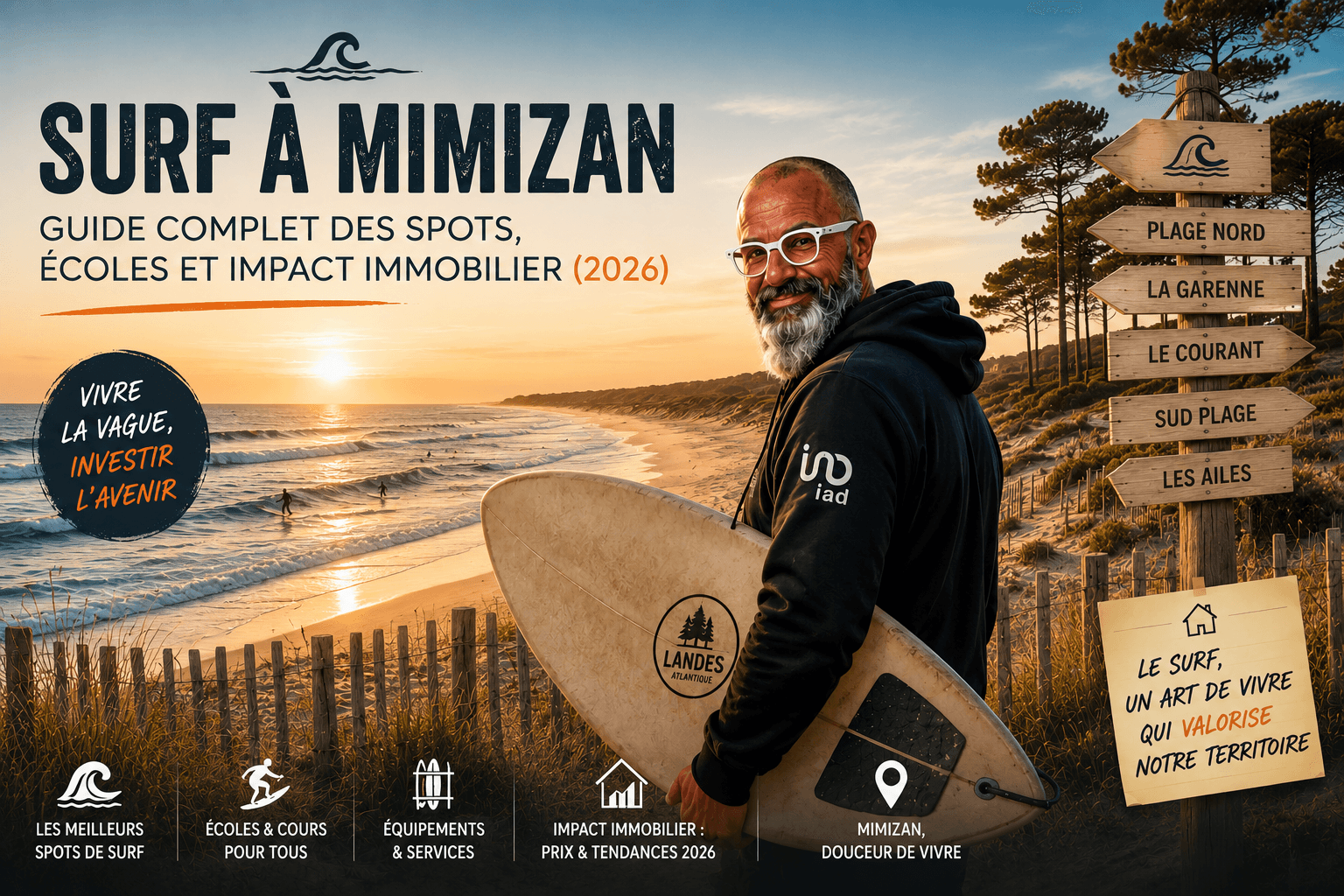 Surf à Mimizan-Plage, côte atlantique des Landes — spots, vagues et écoles de surf — Olivier Roussel, conseiller immobilier IAD France à Mimizan (Landes, 40)