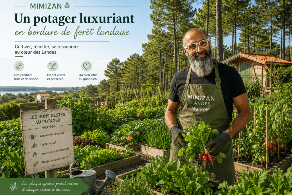 Olivier Roussel dans un potager en carrés surélevés bordé de pins des Landes, une botte de radis fraîchement récoltés dans les mains — Mimizan — Olivier Roussel, conseiller immobilier IAD France à Mimizan (Landes, 40)
