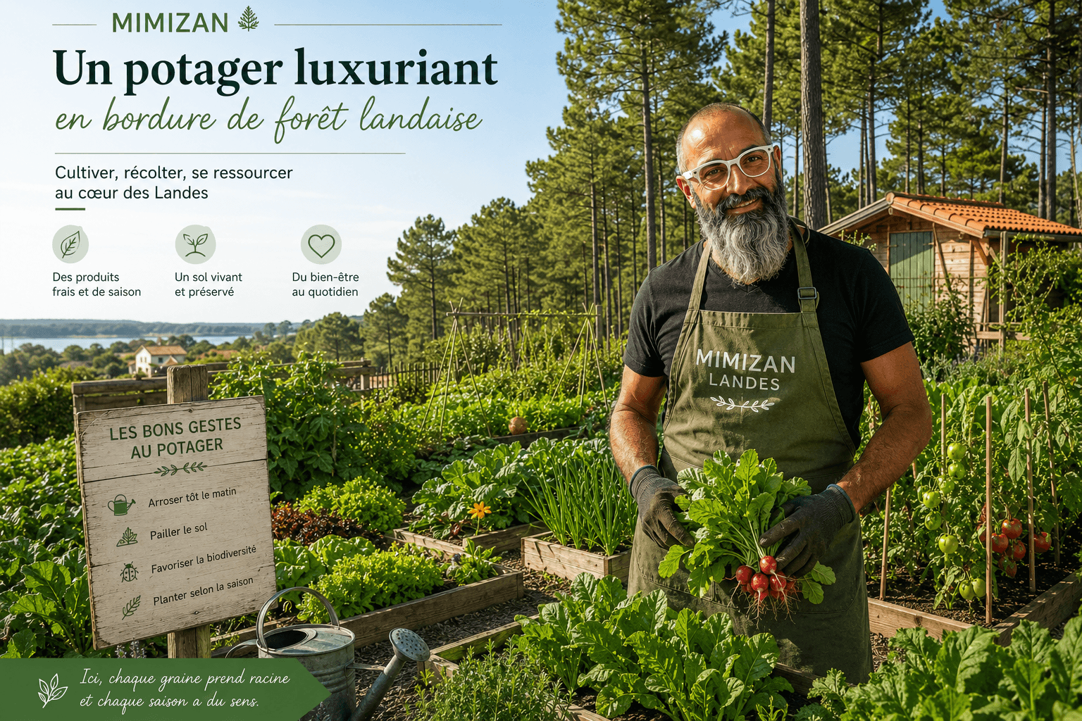 Olivier Roussel dans un potager en carrés surélevés bordé de pins des Landes, une botte de radis fraîchement récoltés dans les mains — Mimizan — Olivier Roussel, conseiller immobilier IAD France à Mimizan (Landes, 40)