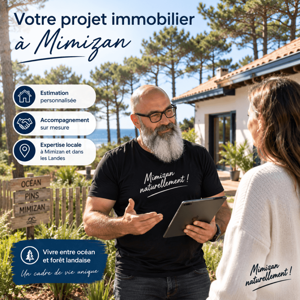 Olivier Roussel échangeant avec une cliente devant une maison landaise, visuel de présentation de ses services d’estimation et d’accompagnement — Mimizan — Olivier Roussel, conseiller immobilier IAD France à Mimizan (Landes, 40)