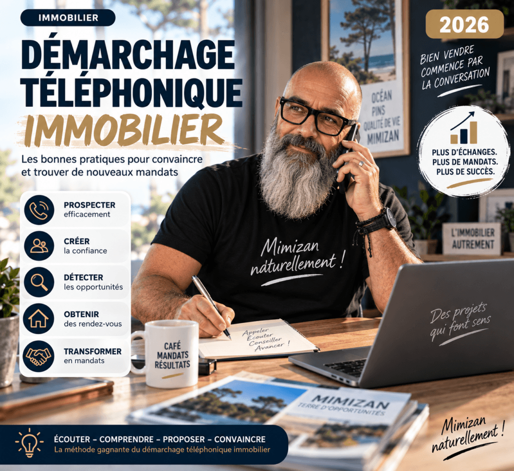 Conseiller immobilier au téléphone dans son bureau, illustrant les bonnes pratiques du démarchage téléphonique immobilier en 2026 — Mimizan — Olivier Roussel, conseiller immobilier IAD France à Mimizan (Landes, 40)