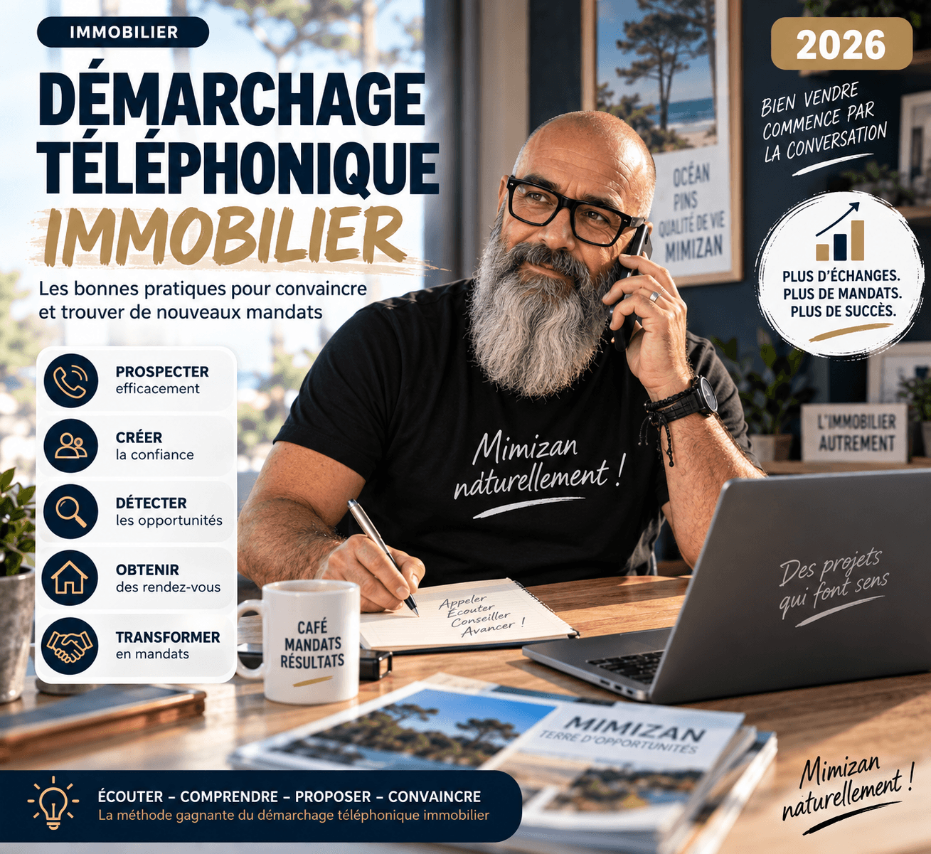 Conseiller immobilier au téléphone dans son bureau, illustrant les bonnes pratiques du démarchage téléphonique immobilier en 2026 — Mimizan — Olivier Roussel, conseiller immobilier IAD France à Mimizan (Landes, 40)