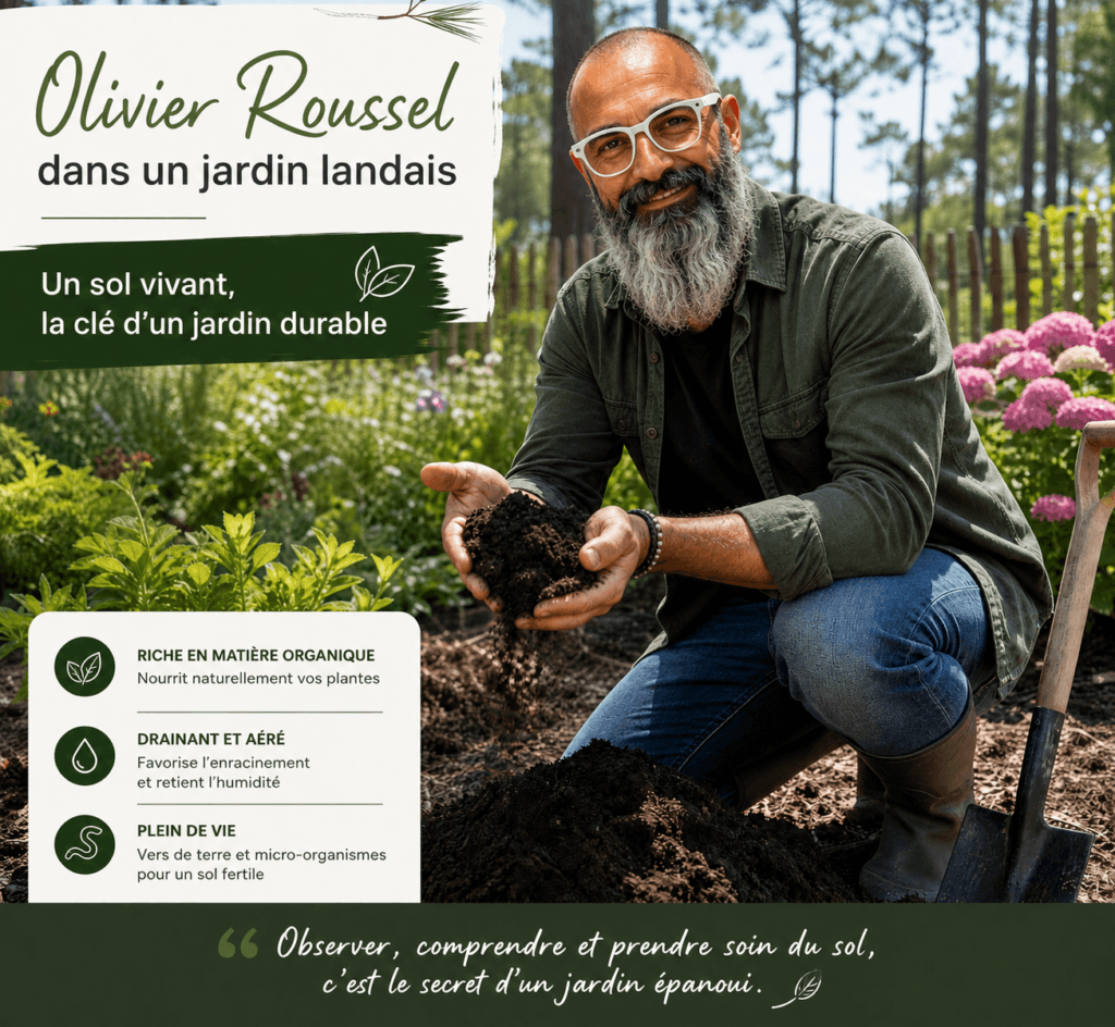 Olivier Roussel agenouillé dans un jardin landais, du terreau riche et sombre entre les mains, une bêche plantée à côté — Mimizan — Olivier Roussel, conseiller immobilier IAD France à Mimizan (Landes, 40)