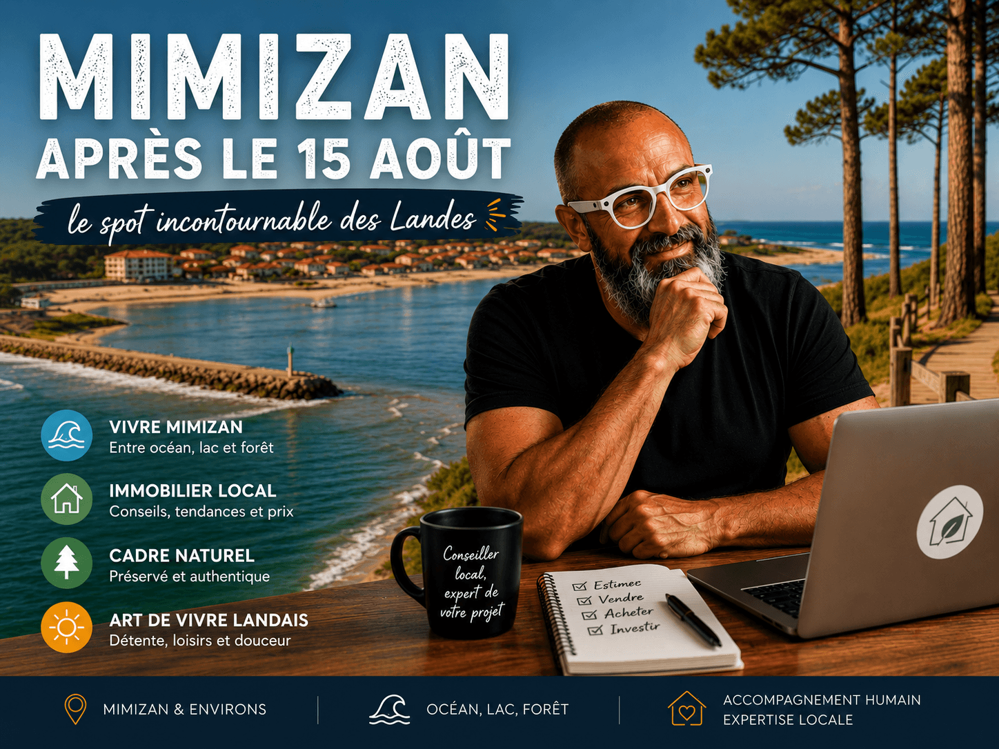 Plage de Mimizan quasi déserte après le 15 août — arrière-saison dans les Landes — Olivier Roussel, conseiller immobilier IAD France à Mimizan (Landes, 40)