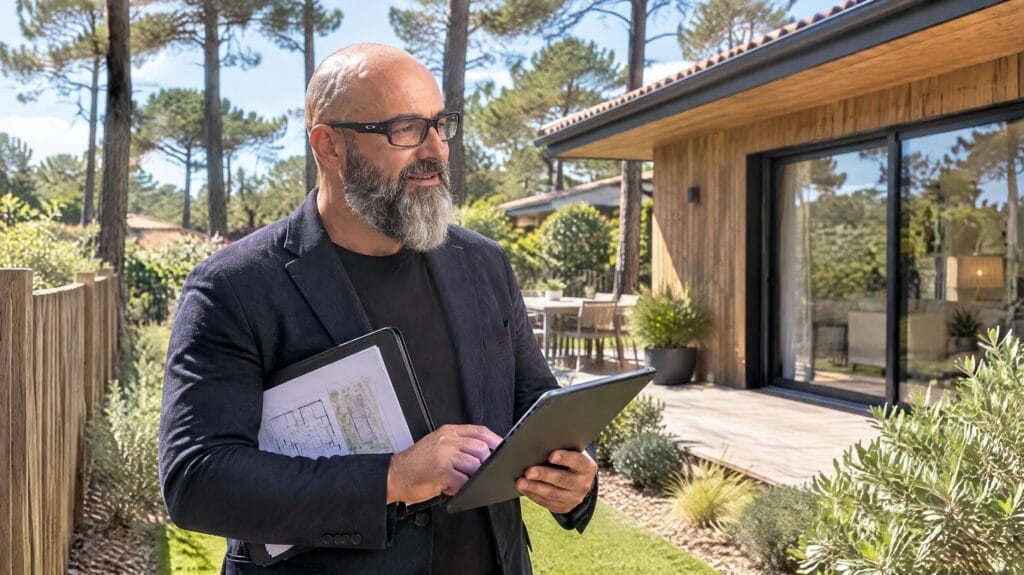 Olivier Roussel, tablette et plans en main, devant une maison en bois dans la pinède lors d’une pré-visite — Mimizan (Landes, 40200) — Olivier Roussel, conseiller immobilier IAD France