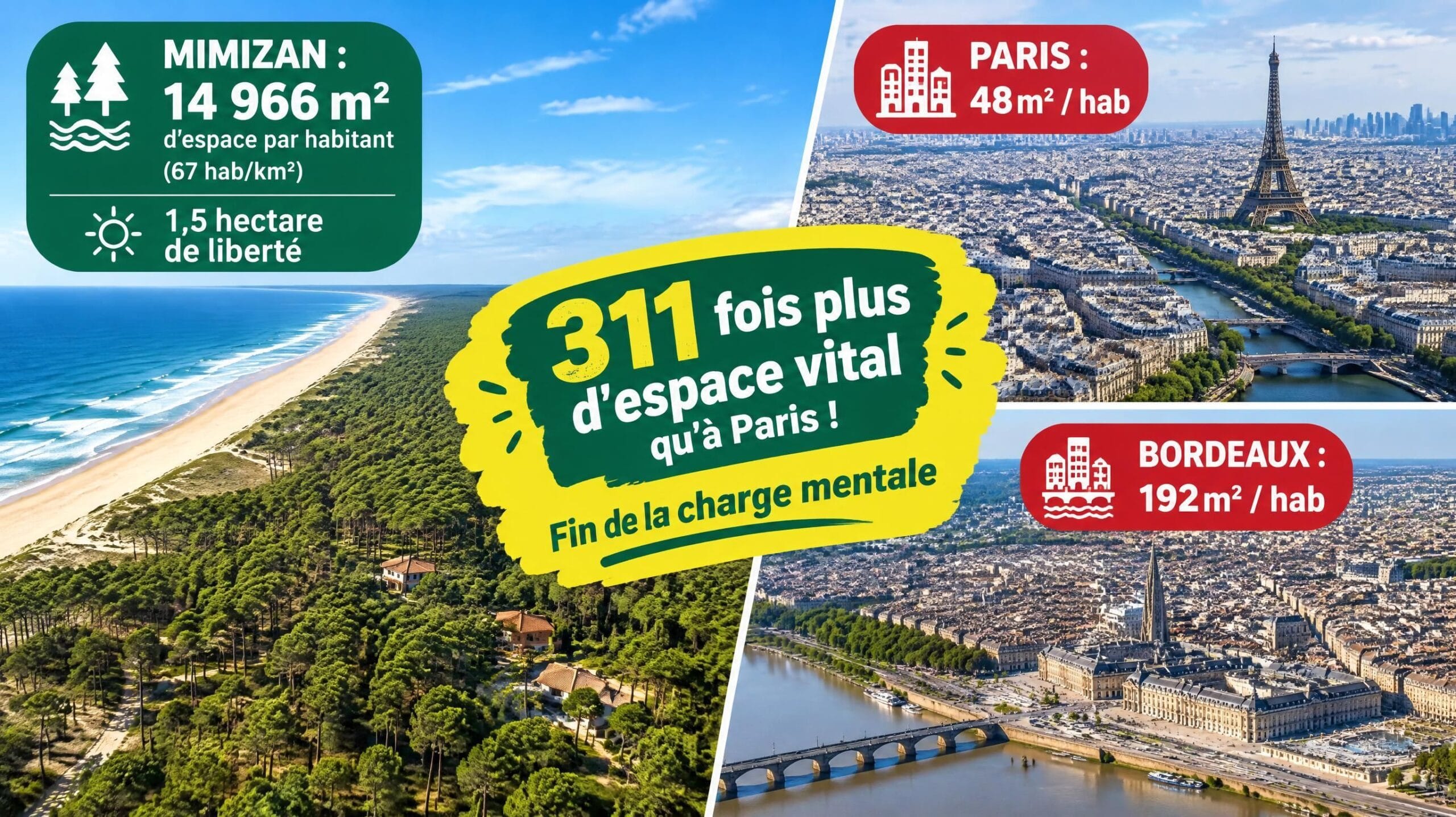 Infographie comparant l’espace vital : 48 m² par habitant à Paris contre 311 fois plus à Mimizan — Mimizan (Landes, 40200) — Olivier Roussel, conseiller immobilier IAD France