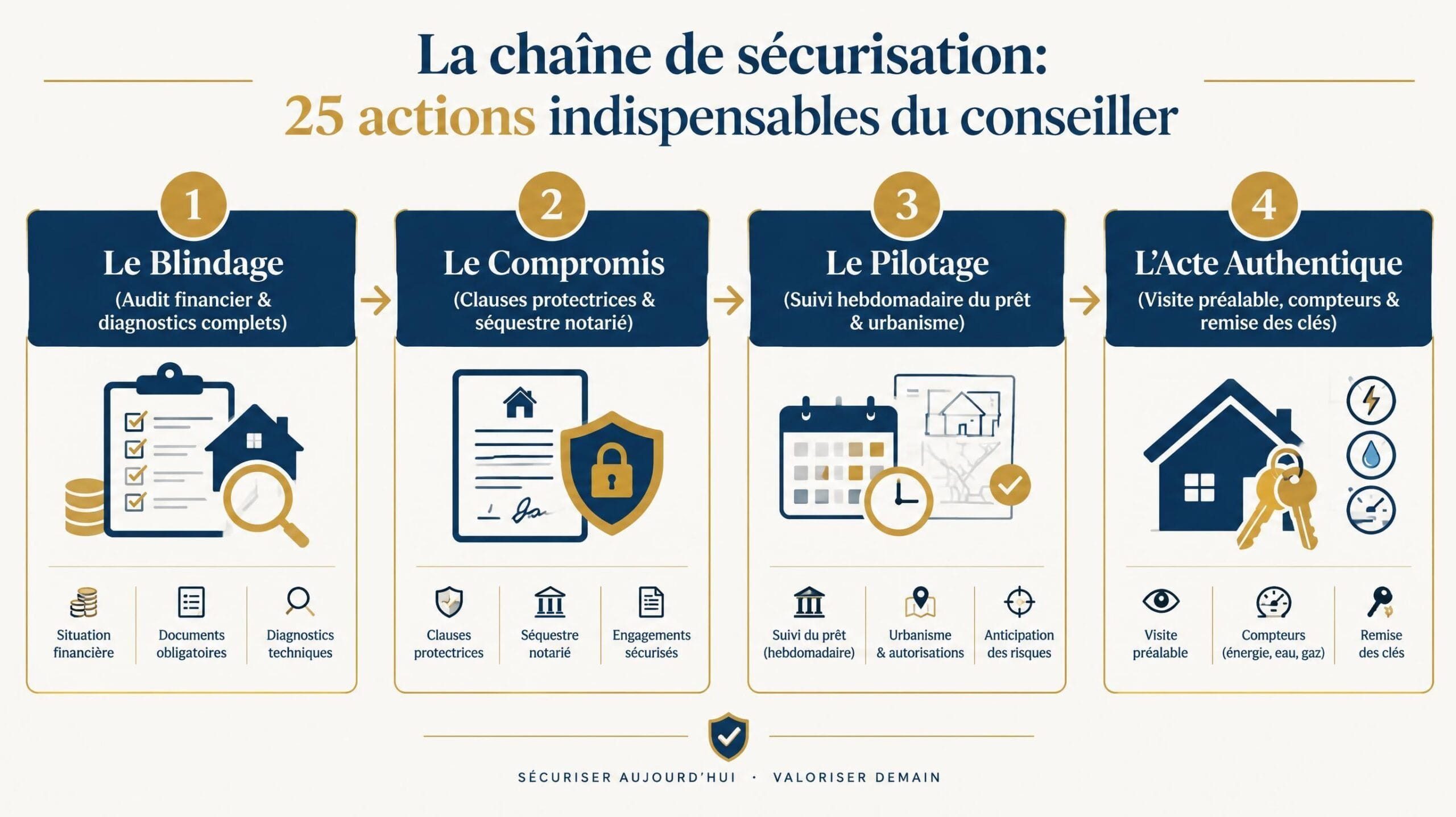 Schéma des 5 actions de sécurisation d'une vente immobilière, du compromis à l'acte authentique — Mimizan (Landes, 40200) — Olivier Roussel, conseiller immobilier IAD France