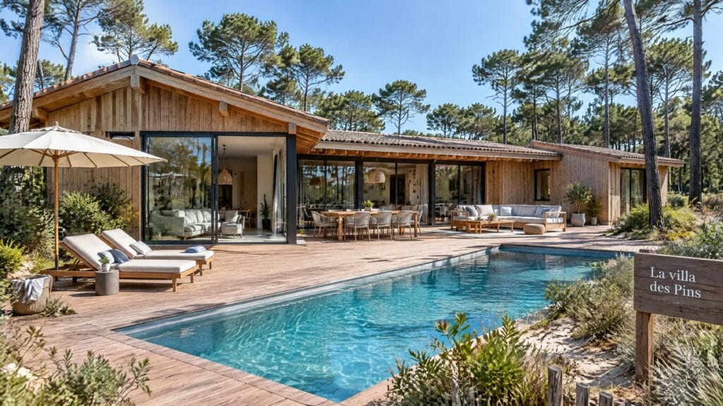 Maison contemporaine en bois avec piscine et terrasse sous les pins, type de villa recherchée sur la côte landaise — Mimizan (Landes, 40200) — Olivier Roussel, conseiller immobilier IAD France
